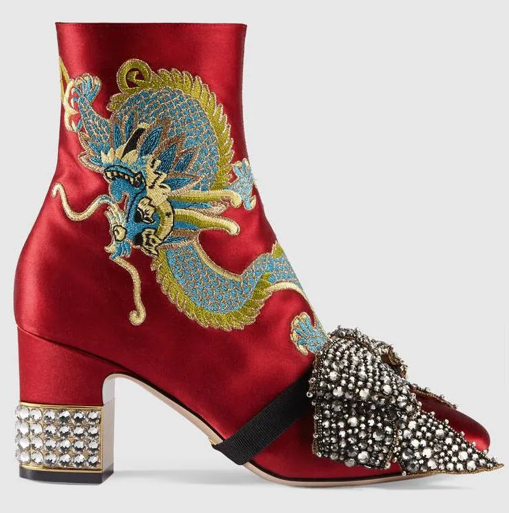 Dragon Satin Mid-Heel Ankle-Boot, Red