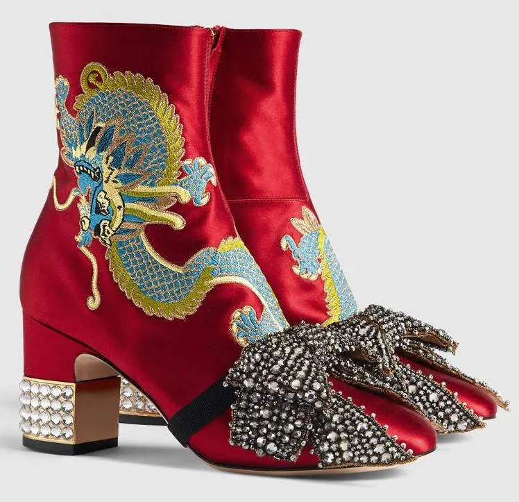Dragon Satin Mid-Heel Ankle-Boot, Red