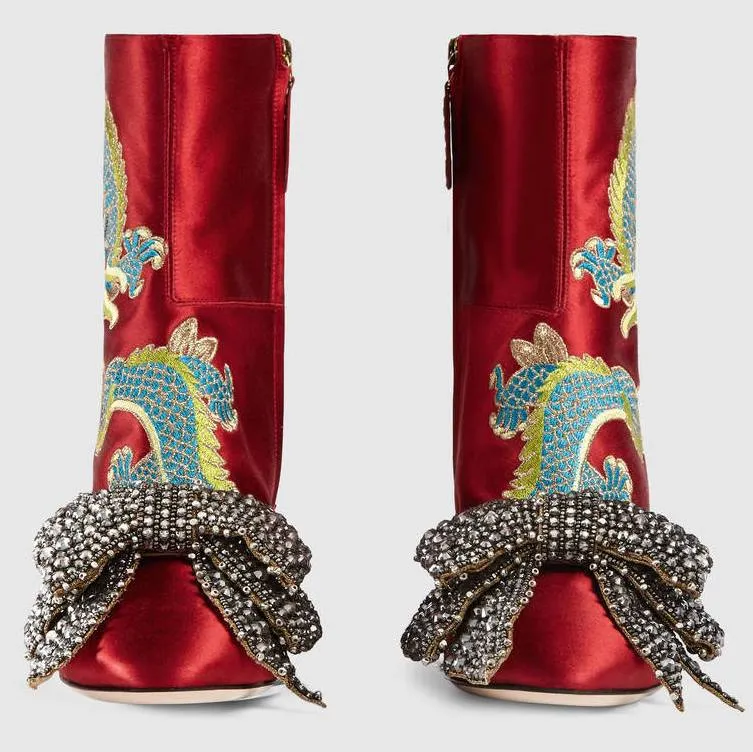 Dragon Satin Mid-Heel Ankle-Boot, Red