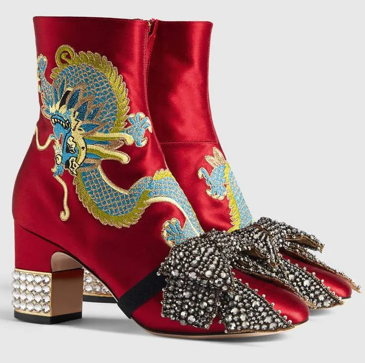 Dragon Satin Mid-Heel Ankle-Boot, Red