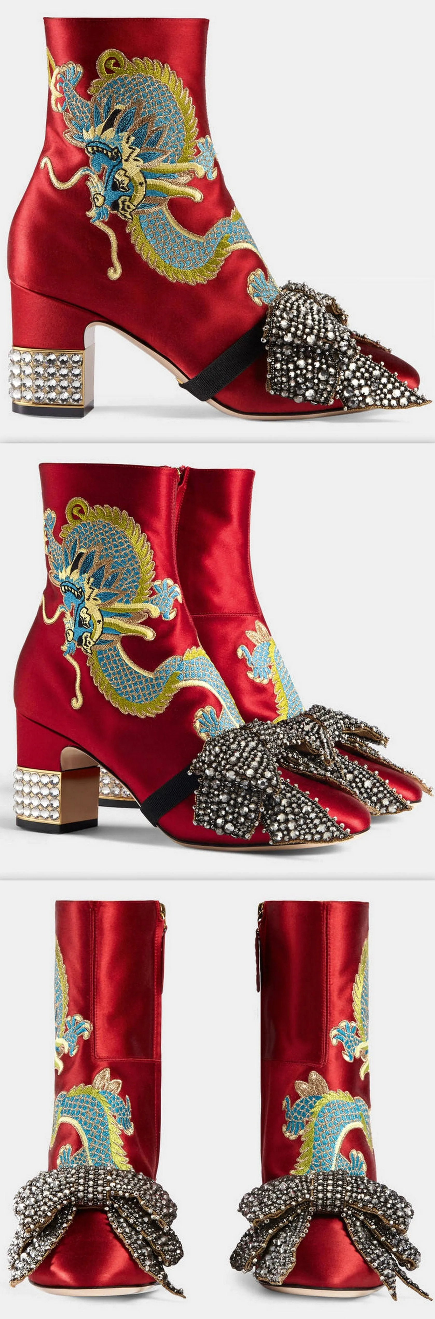 Dragon Satin Mid-Heel Ankle-Boot, Red
