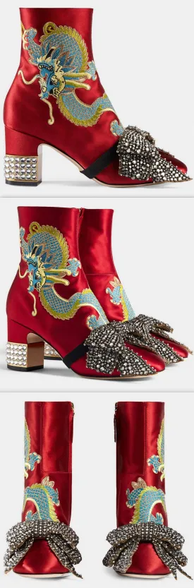 Dragon Satin Mid-Heel Ankle-Boot, Red