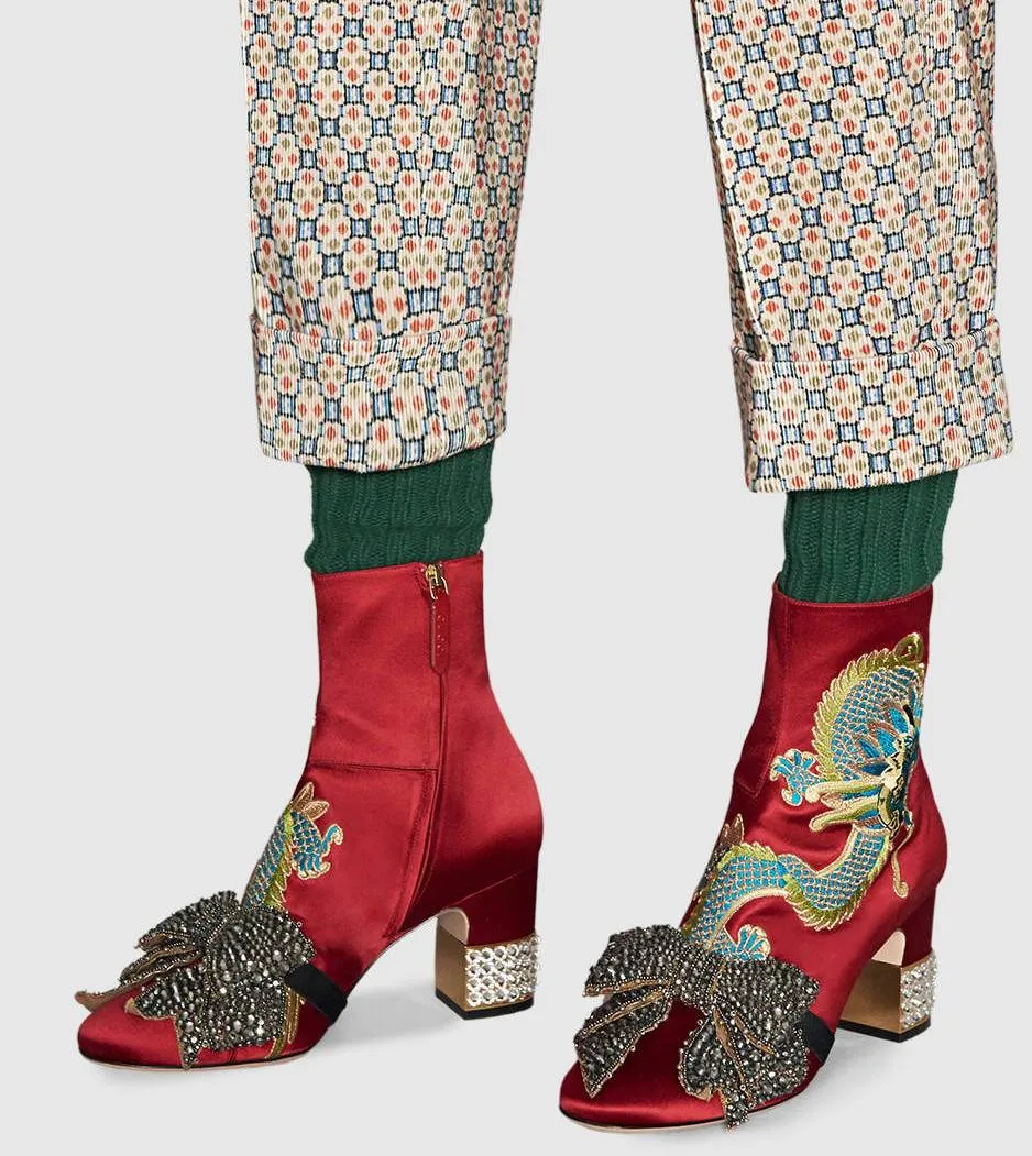 Dragon Satin Mid-Heel Ankle-Boot, Red