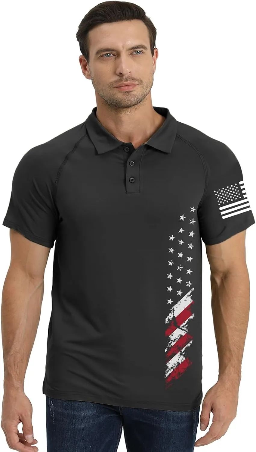 H HYFOL Short Sleeve Polo Shirts for Men Graphic Stretch Casual American Patriotic Raglan Golf Polos for Men
