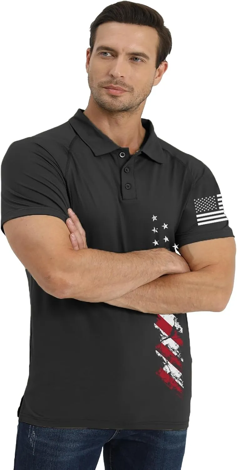 H HYFOL Short Sleeve Polo Shirts for Men Graphic Stretch Casual American Patriotic Raglan Golf Polos for Men