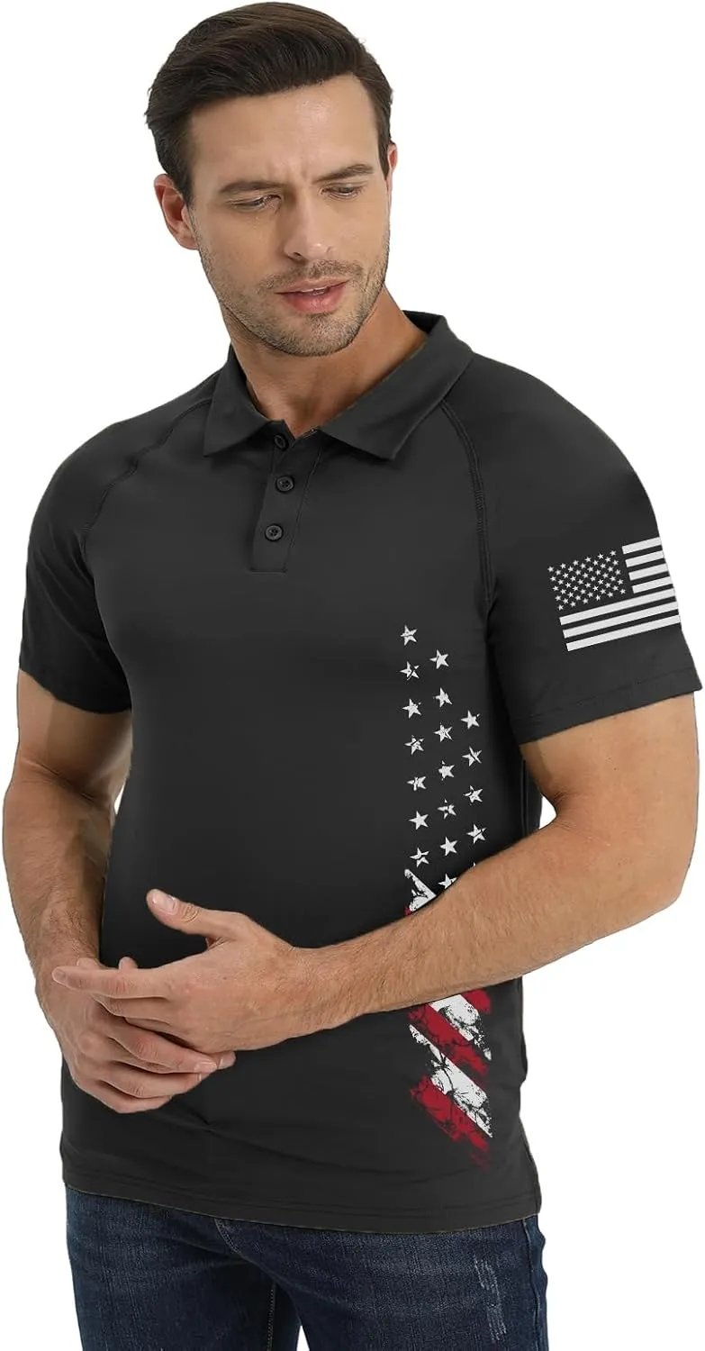 H HYFOL Short Sleeve Polo Shirts for Men Graphic Stretch Casual American Patriotic Raglan Golf Polos for Men