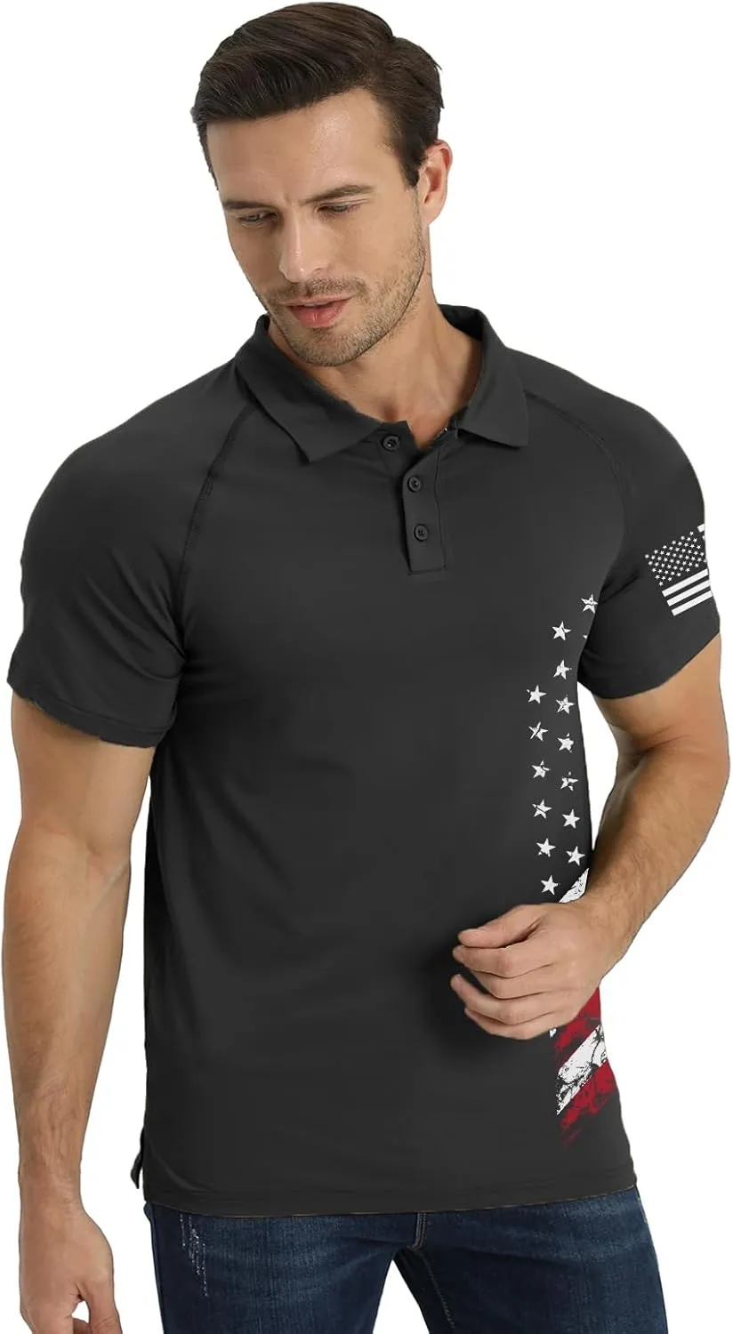H HYFOL Short Sleeve Polo Shirts for Men Graphic Stretch Casual American Patriotic Raglan Golf Polos for Men
