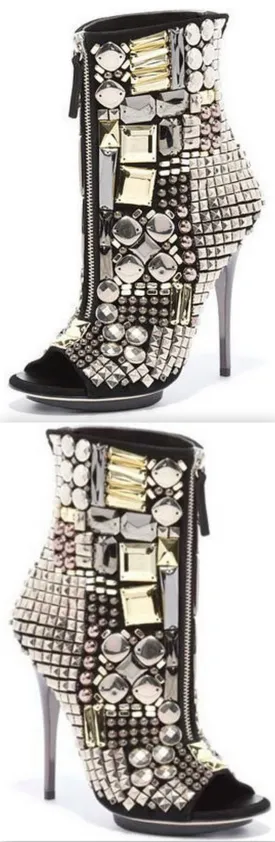 Jewel-Embellished Peep Toe Boots