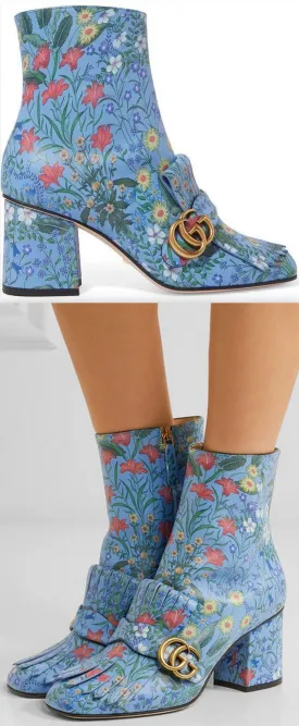 Marmont Fringed Floral-Print Leather Ankle Boots