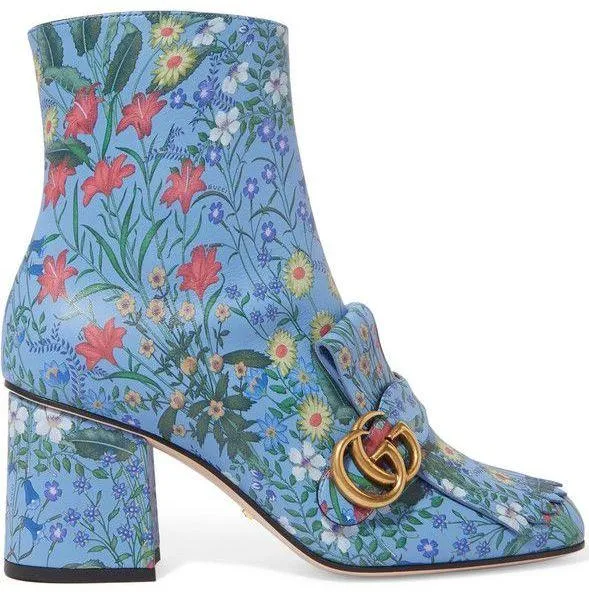 Marmont Fringed Floral-Print Leather Ankle Boots