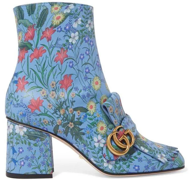 Marmont Fringed Floral-Print Leather Ankle Boots