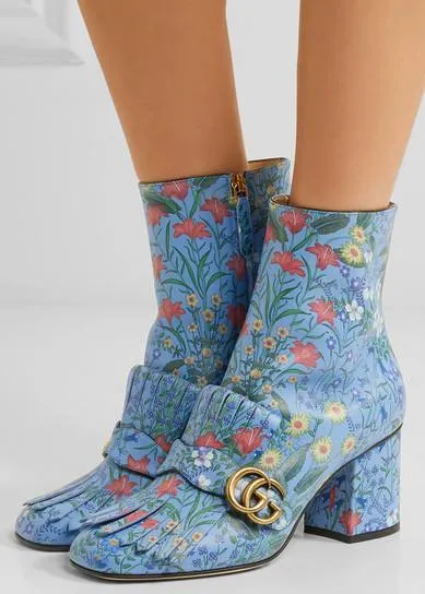 Marmont Fringed Floral-Print Leather Ankle Boots