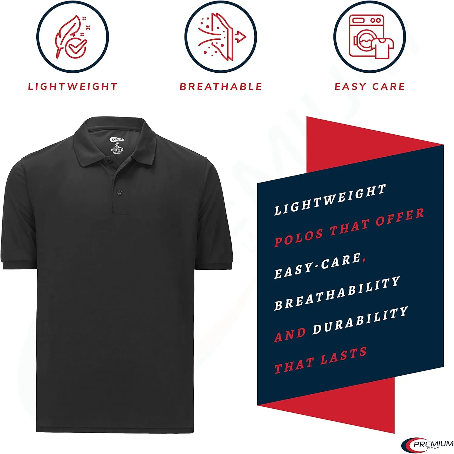 Premium Wear Men's Polo T-Shirt, High Moisture Wicking Dry Fit Performance Short-Sleeve Polo T-Shirt w Collar for Golf Tennis
