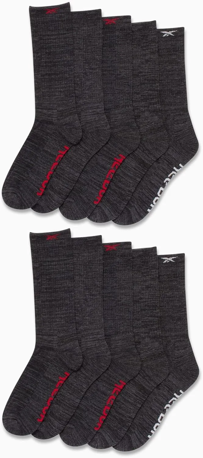Reebok Men's Crew Socks - 10 Pack Stretch Performance Cushioned Crew Socks - Arch Support Athletic Socks for Men (6-12.5)