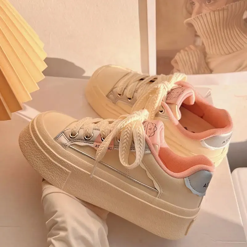 Sohiwoo Winter Women Breathable Cute Beige Sneakers Patchwork Shoes Thick Heel Sneakers Casual Running Platform Y2K Lolita Sports Shoes