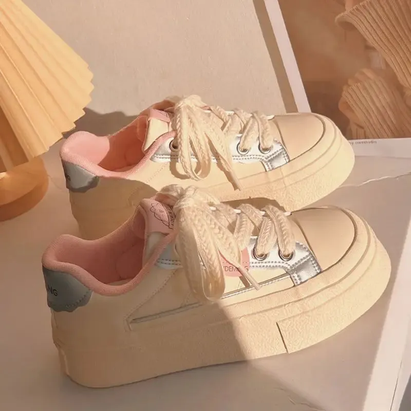 Sohiwoo Winter Women Breathable Cute Beige Sneakers Patchwork Shoes Thick Heel Sneakers Casual Running Platform Y2K Lolita Sports Shoes