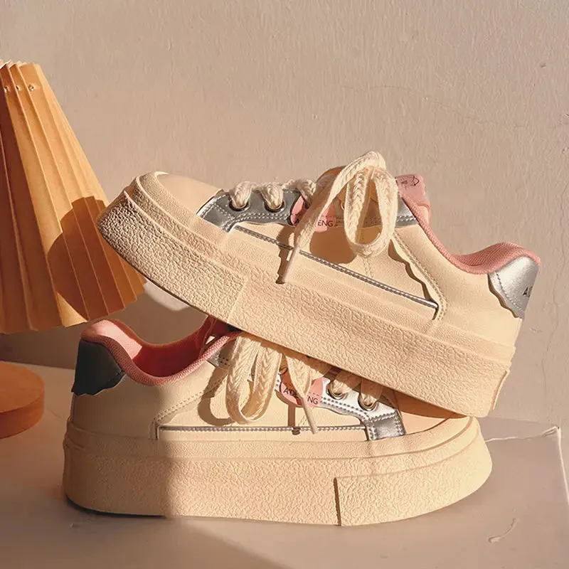 Sohiwoo Winter Women Breathable Cute Beige Sneakers Patchwork Shoes Thick Heel Sneakers Casual Running Platform Y2K Lolita Sports Shoes