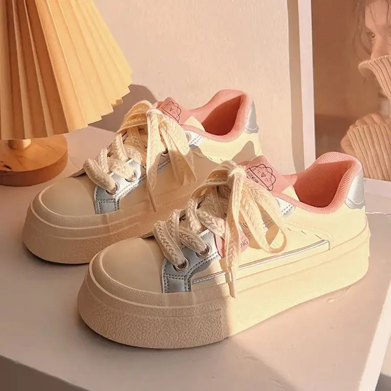 Sohiwoo Winter Women Breathable Cute Beige Sneakers Patchwork Shoes Thick Heel Sneakers Casual Running Platform Y2K Lolita Sports Shoes