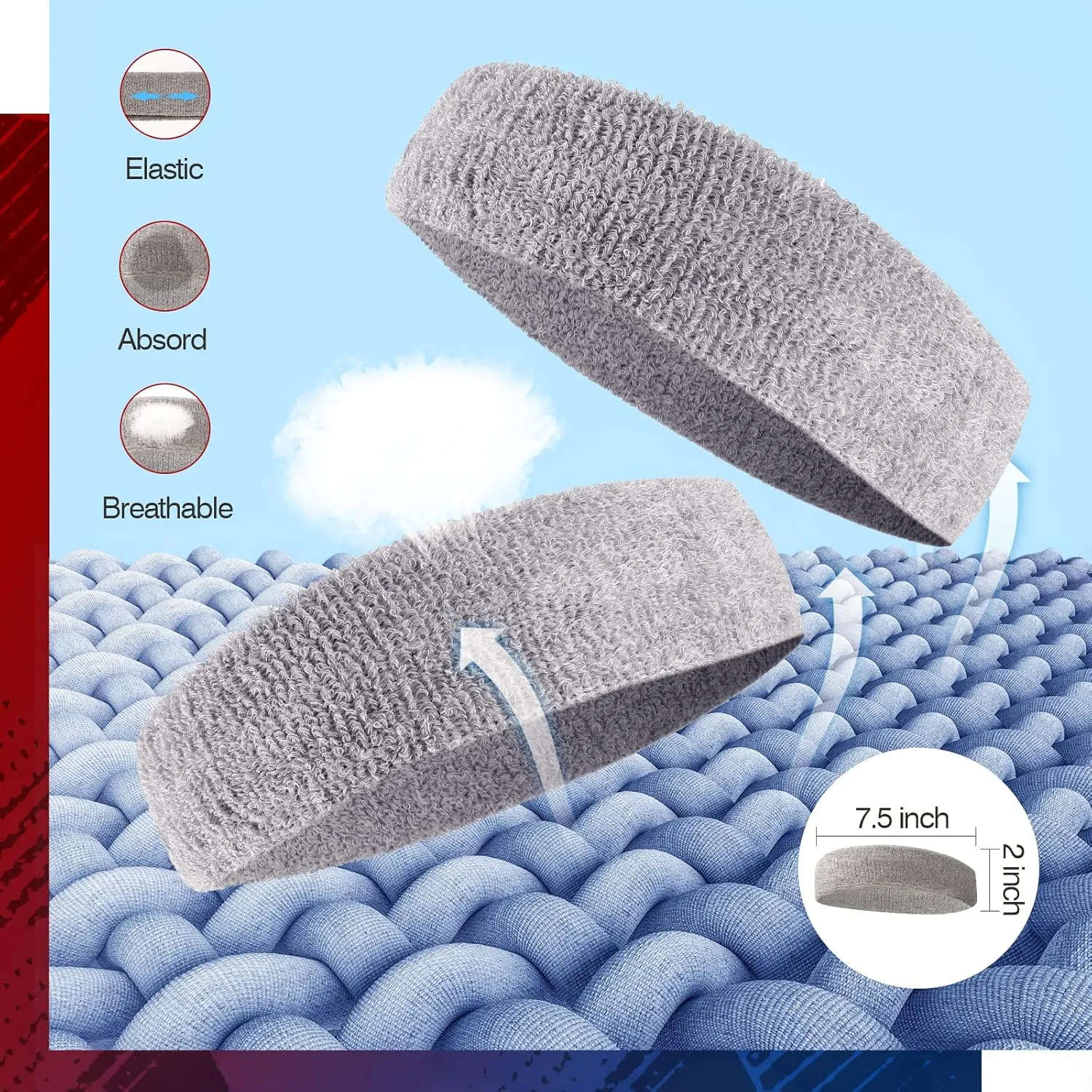 Sweatbands Sports Headband for Men & Women, Moisture Wicking Hairband Athletic Towel Headbands Cotton Head Sweat Bands for Running, Cycling, Yoga, Spa