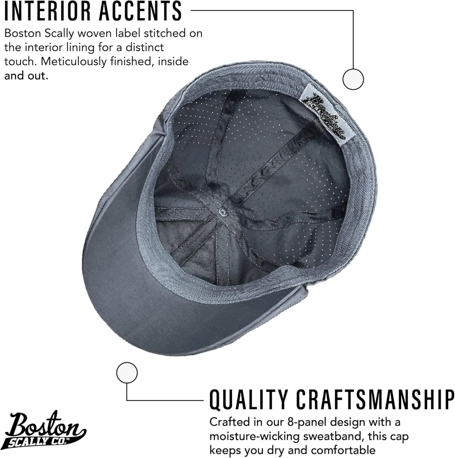 The Original Cool Air Boston Scally Cap - Breathable Newsboy Flat Cap - 8 Panel Fitted Hat for Men - Dark Grey